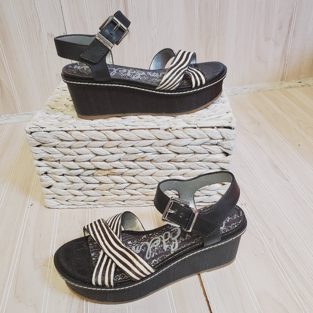 Sam Edelman Platform Sandal Striped Nautical Beach Buckle Black White Size 6.5